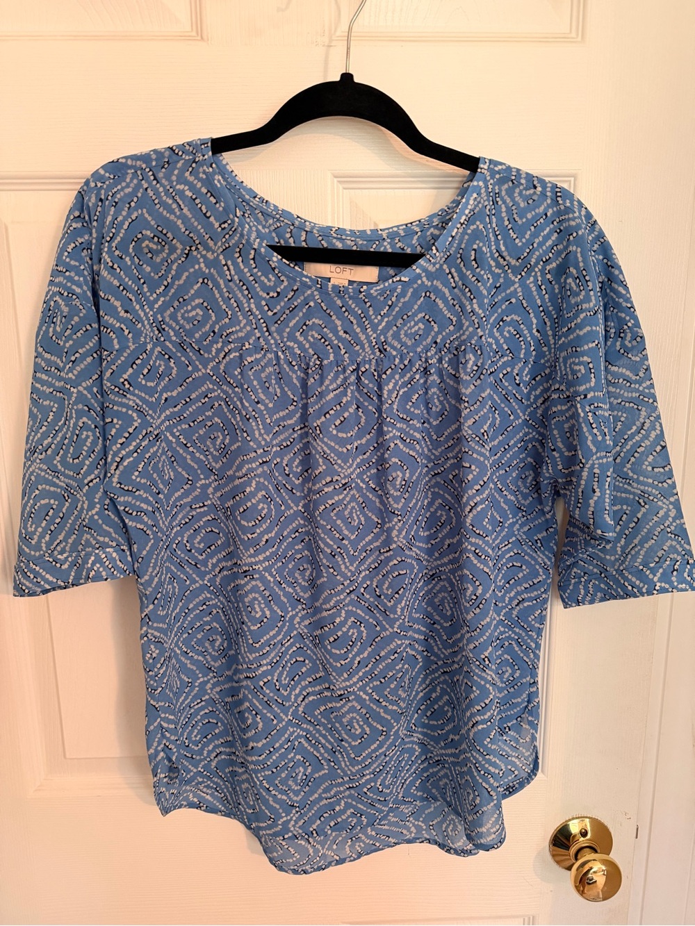 LOFT Light Blue Geometric Print Scoop Neck Blouse